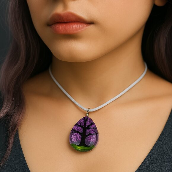 Teardrop Tree Pendant Necklace – Purple Blossom Floral Resin Jewelry  White Cord - Picture 1 of 7